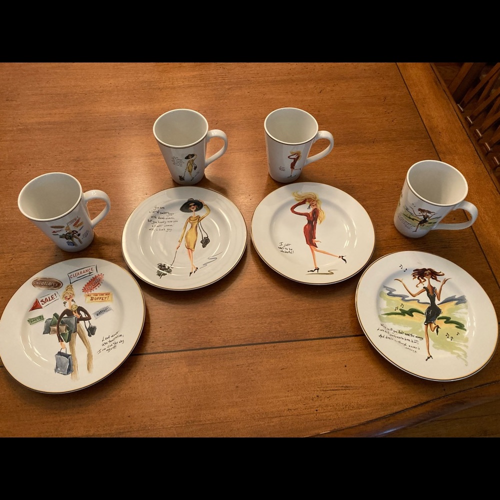 Never used Sakura Glamour Girls whimsical stoneware plates with matching mugs